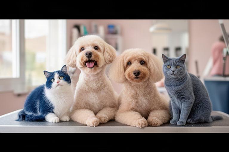 Perros y gatos tranquilos juntos después de una sesión de peluquería en un salón luminoso de Mula