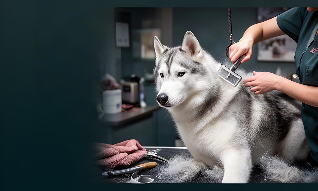 Husky siberiano durante un deslanado profesional en una peluquería de mascotas de Mula