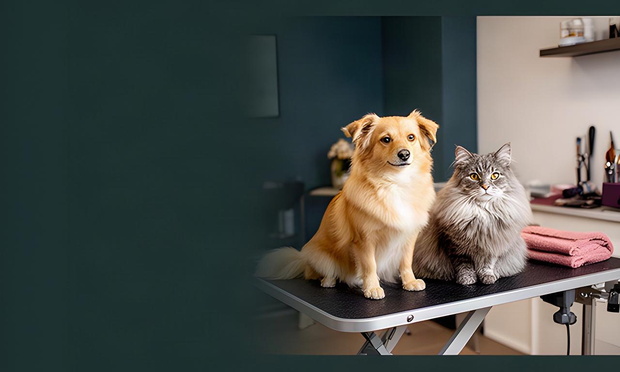 Perro y gato acicalados junto a una mesa de peluquería en un salón tranquilo de Mula