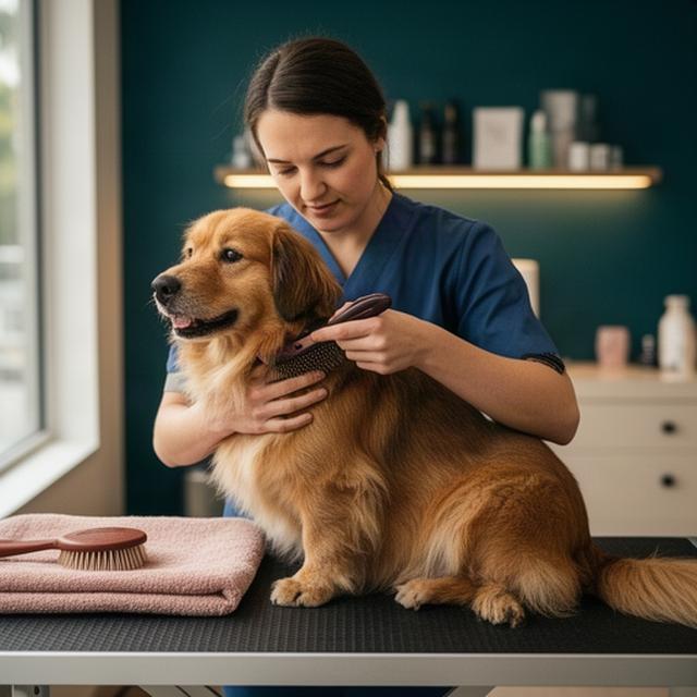 Profesional de peluquería de mascotas preparando con calma el cepillado de un perro en Mula