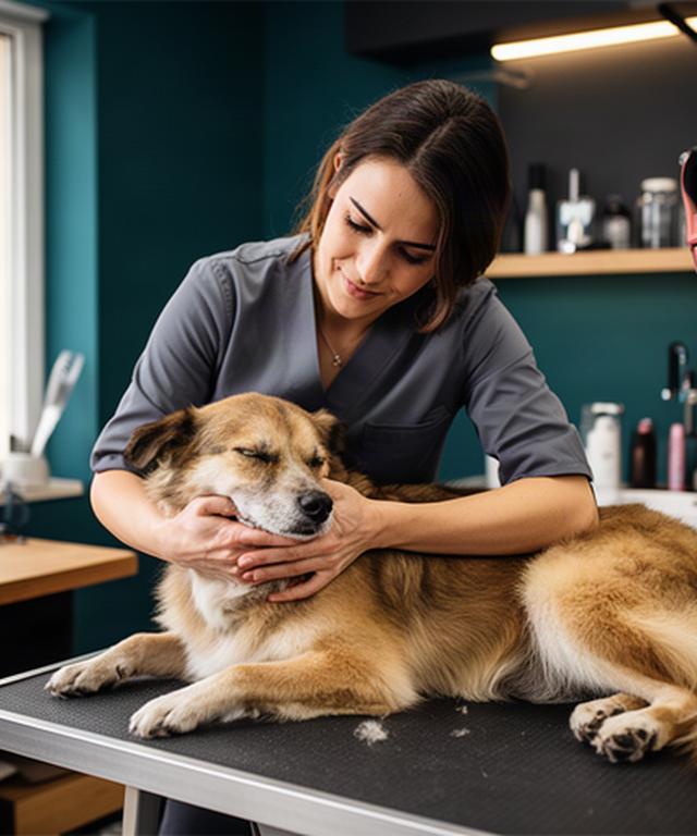 Laura acariciando a un perro tranquilo en la zona de trabajo de una peluquería de mascotas en Mula
